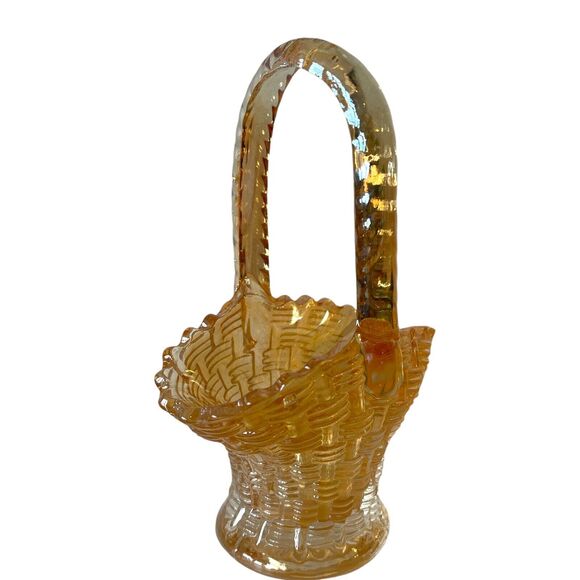 Peach Brides Basket Carnival Depression Glass Applied Handle 6 inch Basketweave - Picture 3 of 9